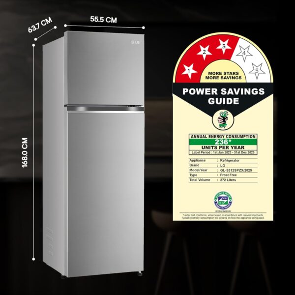 LG 272 L 3 Star Frost-Free Smart Inverter Compressor Double Door Refrigerator (GL-S312SPZX, Shiny Steel, Convertible & Multi Air Flow Cooling) - Image 3