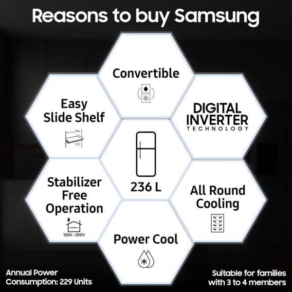 Samsung 236 L, 3 Star, Convertible, Digital Inverter with Display Frost Free Double Door Refrigerator (RT28C3733S8/HL, Silver, Elegant Inox) - Image 2