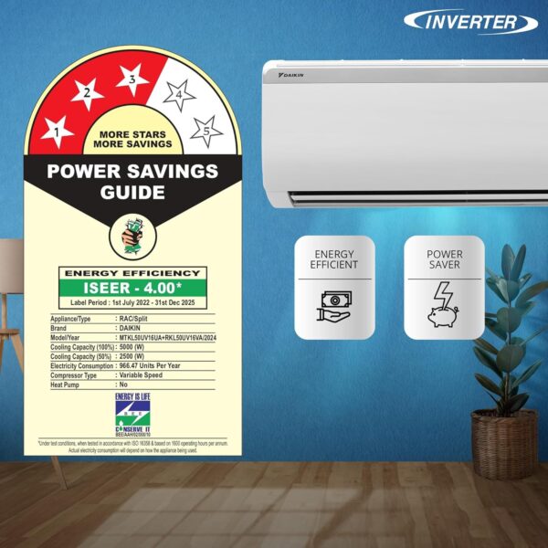 Daikin 2024 Model 1.5 Ton 3 Star Split Inverter AC with PM 2.5 Filter - White  (MTKL50UV16VA/RKL50UV16VA, Copper Condenser) - Image 2