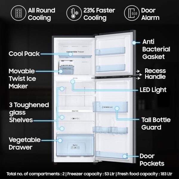 Samsung 236 L, 3 Star, Convertible, Digital Inverter with Display Frost Free Double Door Refrigerator (RT28C3733S8/HL, Silver, Elegant Inox) - Image 3